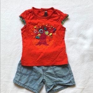 Catimini crochet tree shirt and denim shorts 12 mo